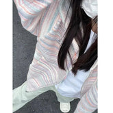 Japanese Y2k Rainbow Striped Kawaii Cardigans All Match Hooded Sweaters Loose Zipper Grunge Knitted Coat Pull Femme